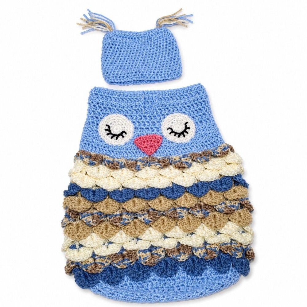 Newborn Crochet Owl Cocoon Outfit Set Blue Cream Brown Photo Prop Handmade